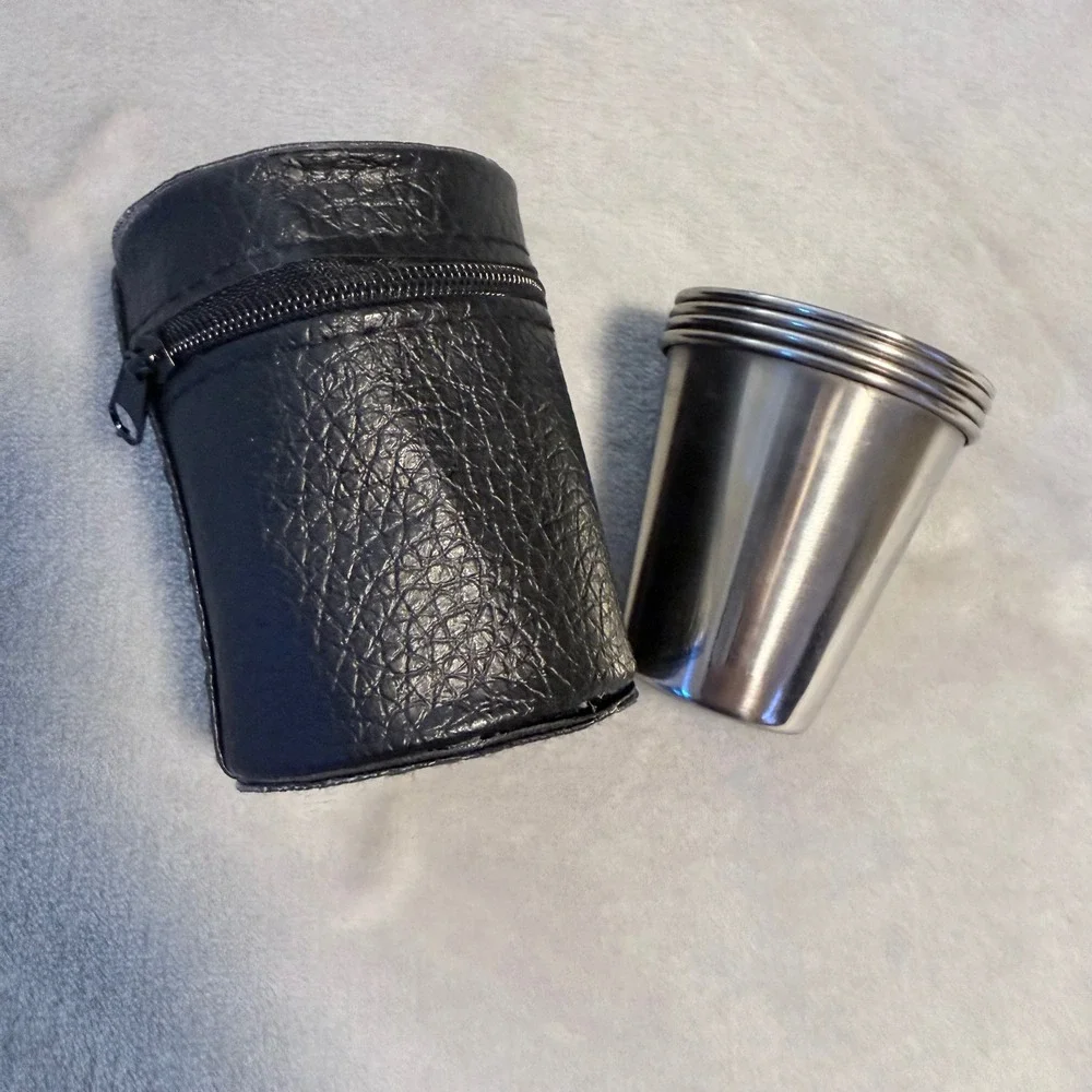 Vntg Stainless Steel Travel 4 Shot Glass Set Black Zipper Case Camping Barware
